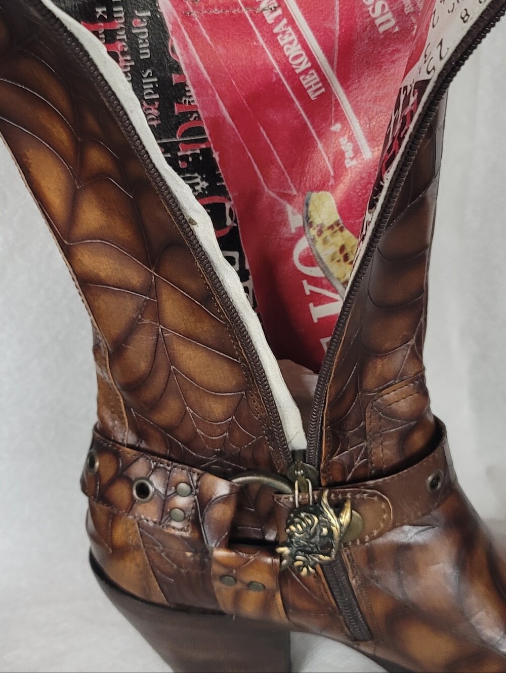 Brown Distressed Leather Mid-Calf Heeled Boots with Decorative Buckle